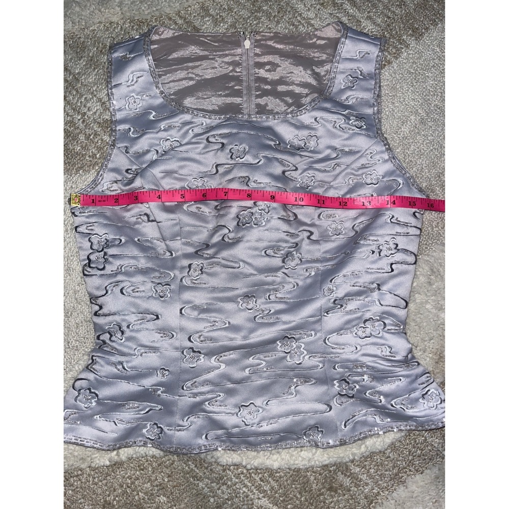 Vintage Silver Lavender Jacquard Peplum Top Sleeveless Metallic Satin y2k - Picture 3 of 5